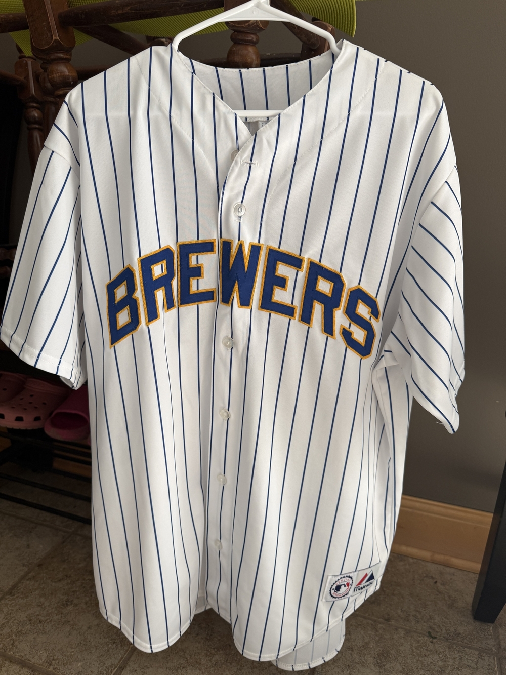Majestic Brewers White Pinstripe Jersey with Blue and Gold Lettering